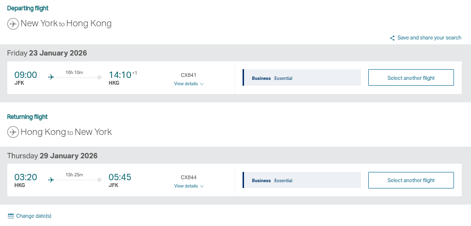 Flight itinerary showing Cathay Pacific business class flights from New York (JFK) to Hong Kong (HKG) on January 23, 2026, and return on January 29, 2026.