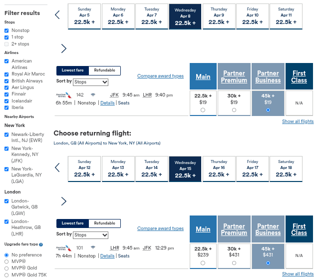 Flight search results showing various options between New York and London with departure and return dates, airlines, classes, mileage costs, and filters for stops and airline choices on the left.