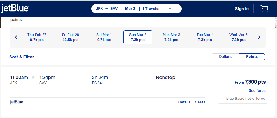 Screenshot of JetBlue flight search results showing a nonstop flight from JFK to SAV on Sunday, March 2, for 7,300 points.