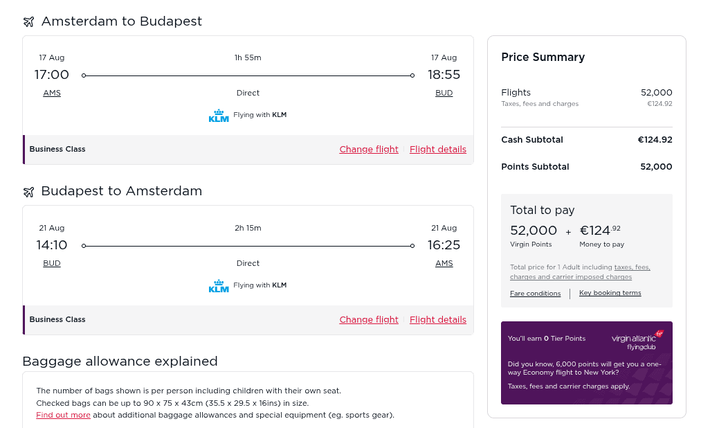 KLM award ticket summary for Amsterdam to Budapest round-trip business class flights with Virgin Points.