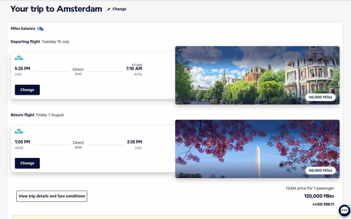 KLM flight redemption using miles for Washington to Amsterdam business class round-trip award ticket.