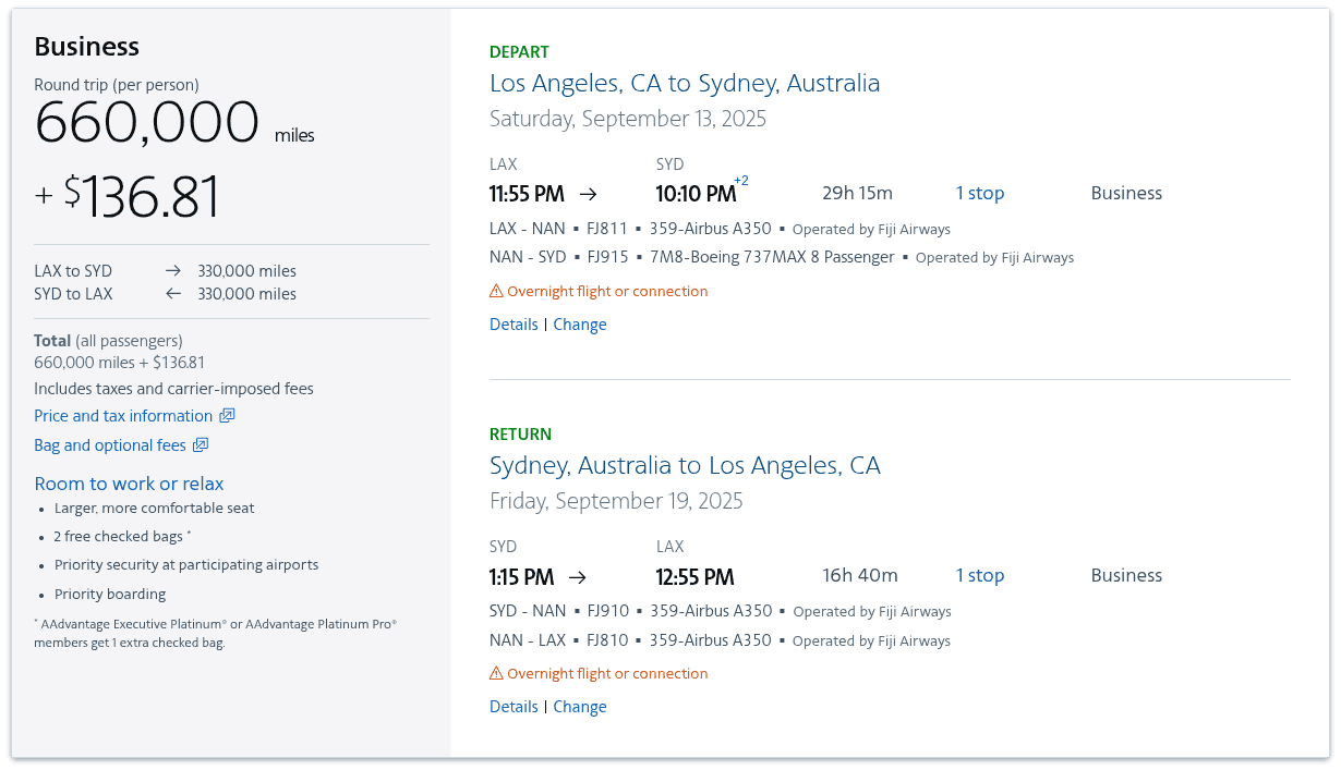 Fiji Airways business class award booking from Los Angeles to Sydney round-trip via Nadi, costing 660,000 miles and $136.81 in taxes.
