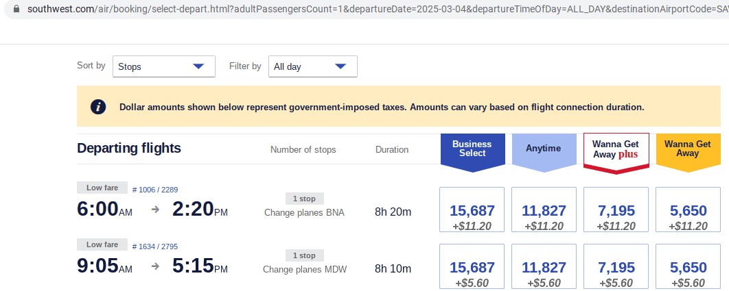 Screenshot of a Southwest flight search showing two departure options with fare types: Business Select, Anytime, Wanna Get Away Plus, and Wanna Get Away, and their points costs, durations, and departure/arrival times.