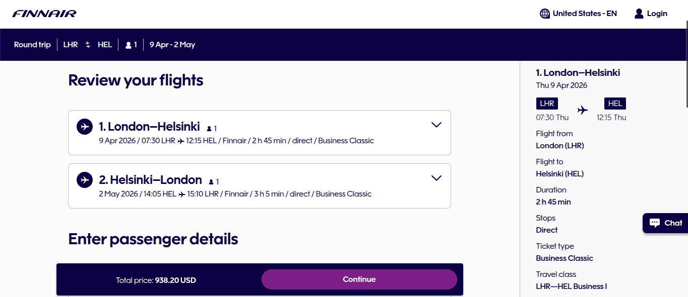 Finnair business class round-trip flight from London to Helsinki in April 2026 showing total price and flight details.