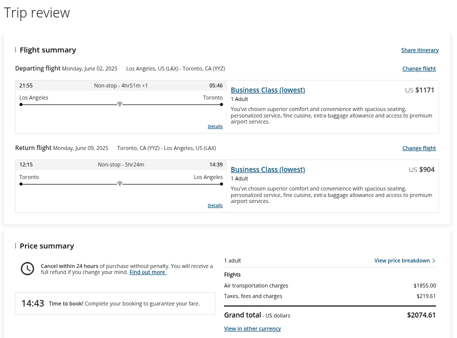 Trip review showing Air Canada business class round-trip from Los Angeles to Toronto in June 2025 with total fare $2,074.61.