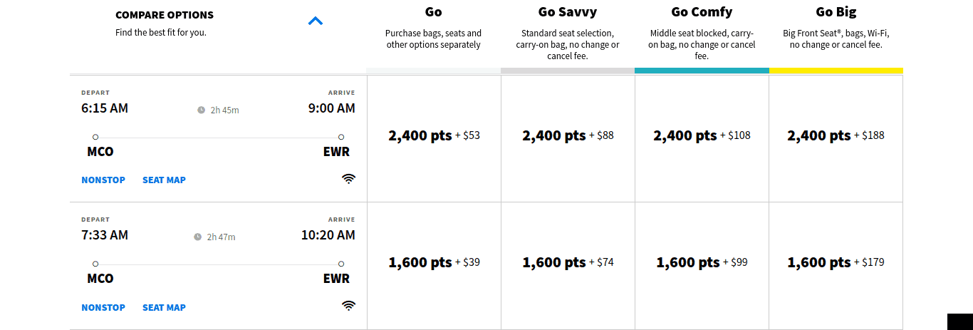 Flight comparison chart from Orlando (MCO) to Newark (EWR), showing two nonstop flights with different departure times, points required, and prices for four fare classes: Go, Go Savvy, Go Comfy, and Go Big.