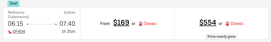 Qantas flight from Melbourne to Sydney showing fare options starting at $169 or 554 for Classic reward.