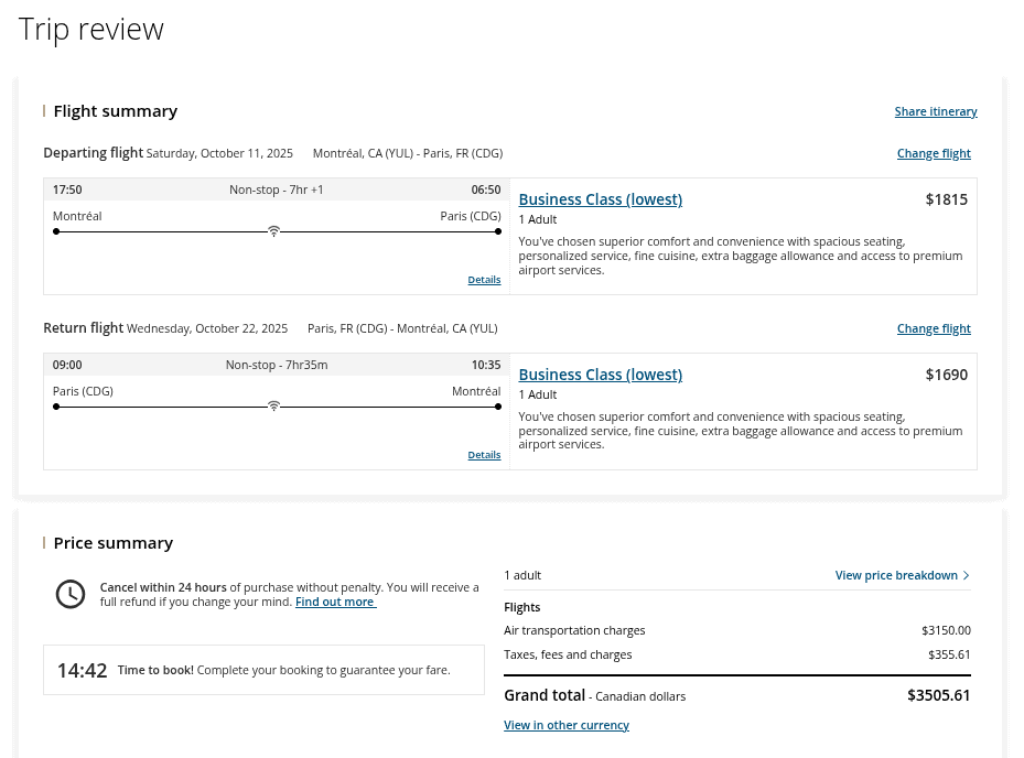 Trip review showing Air Canada business class flights from Montreal to Paris and return, priced at CAD 3,505.61 in October 2025.