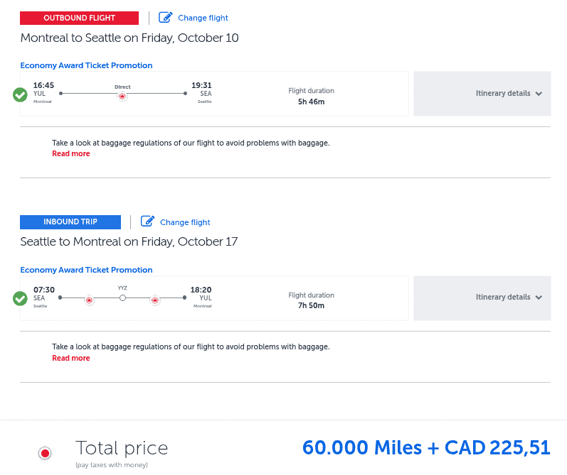 Award flight booking from Montreal to Seattle round trip in October 2025 showing 60,000 miles plus CAD 225.51 taxes.