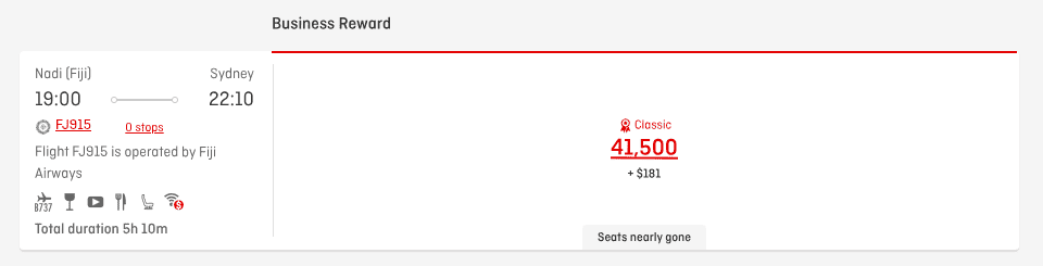 Fiji Airways business class award flight from Nadi to Sydney for 41,500 points plus $181, showing departure time of 7:00 PM and total duration of 5 hours 10 minutes.