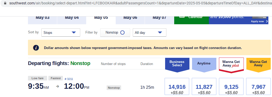 Screenshot of a Southwest Airlines flight search page showing a Fare options include Business Select, Anytime, Wanna Get Away Plus, and Wanna Get Away with the lowest points needed.