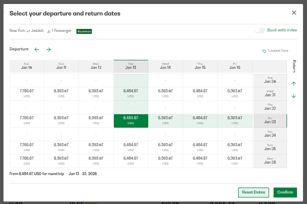 Flight calendar showing business class fares from New York to Jeddah in January 2026 with highlighted departure and return dates.