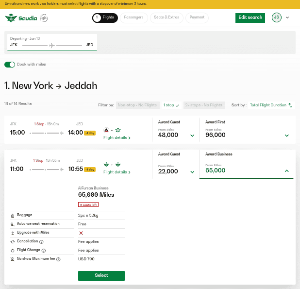 Saudia award flight options from New York to Jeddah showing business class at 65,000 miles with one stop.