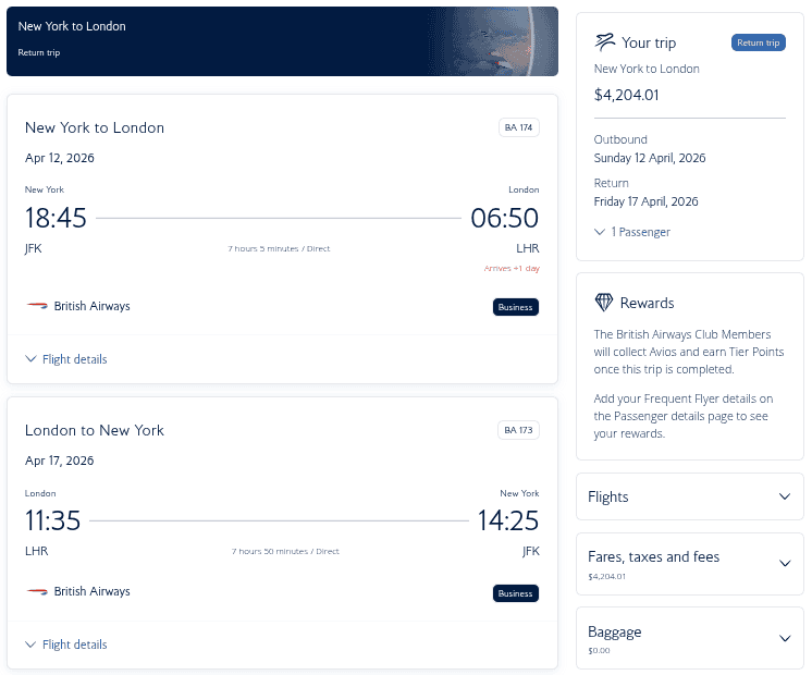 Screenshot of a British Airways booking summary showing a roundtrip from New York (JFK) to London (LHR) in business class, with departure on April 12, 2026, and return on April 17, 2026. Total price: $4,204.01.