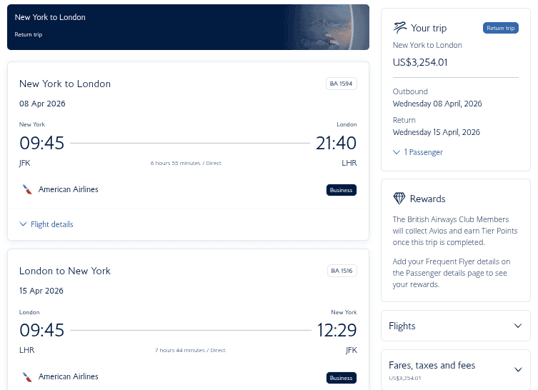 Screenshot of a flight booking summary: round trip from New York (JFK) to London (LHR) on American Airlines, departing April 8, 2026, returning April 15, 2026, with total price of $3,254.01, business class.