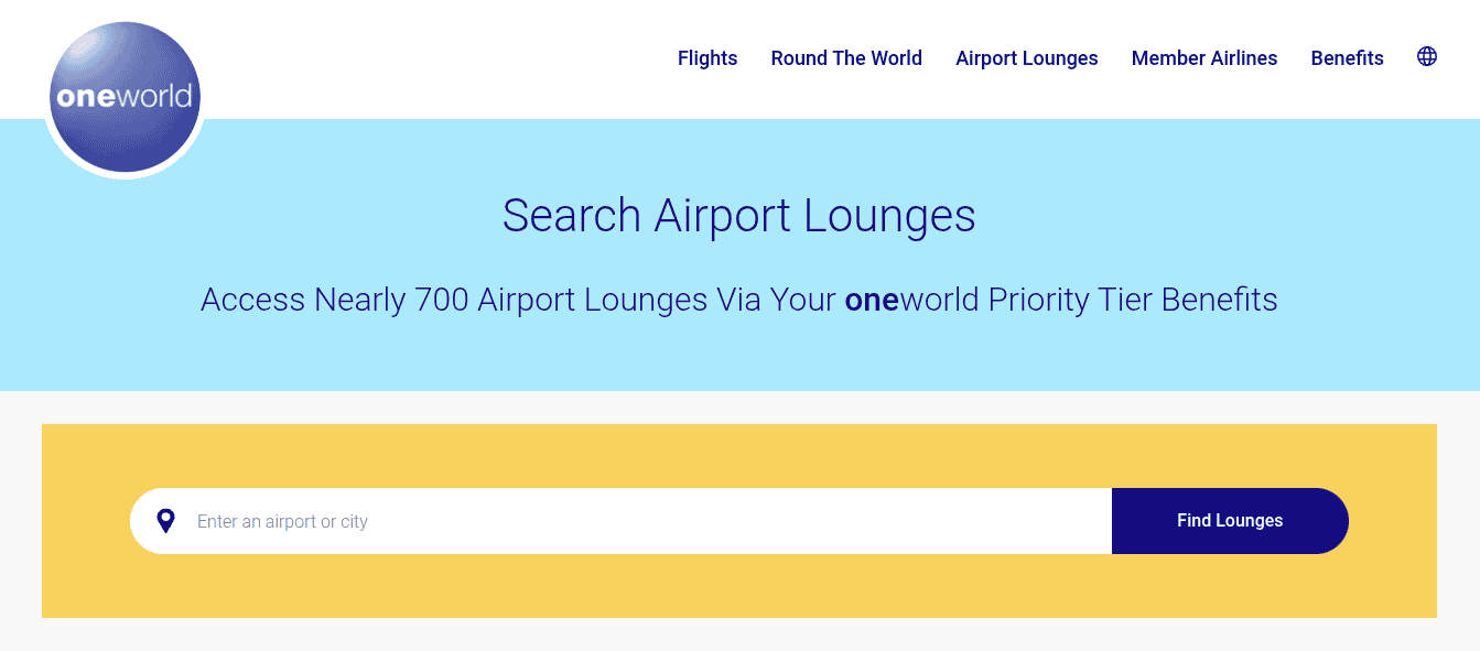 Oneworld Alliance airport lounge search page