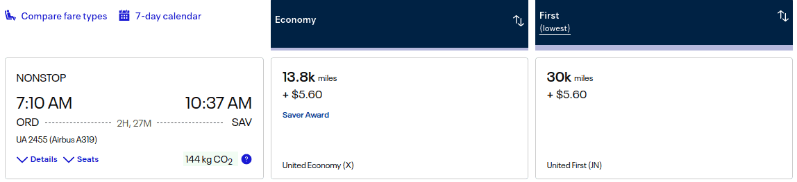 Screenshot of a flight search result showing a nonstop United flight from Chicago (ORD) to Savannah (SAV), Economy: 13.8k miles + $5.60; First: 30k miles + $5.60.