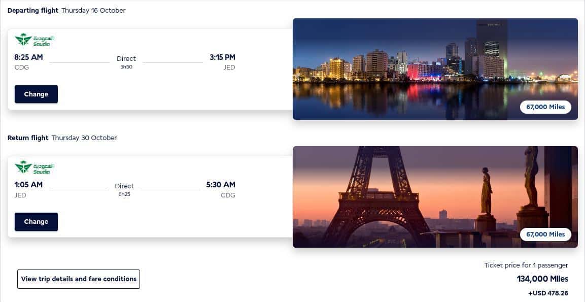 Paris to Jeddah round trip flight details showing 134,000 miles required plus cash surcharge