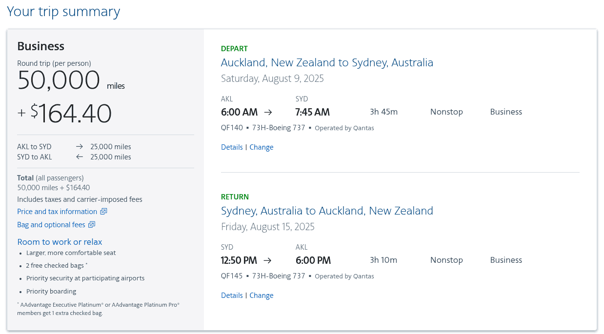 American Airlines award booking for Qantas business class round-trip from Auckland to Sydney in August 2025 for 50,000 miles plus $164.40 in taxes.