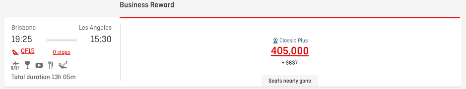 Qantas Business Reward flight from Brisbane to Los Angeles showing 405,000 points plus $637 in Classic Plus category