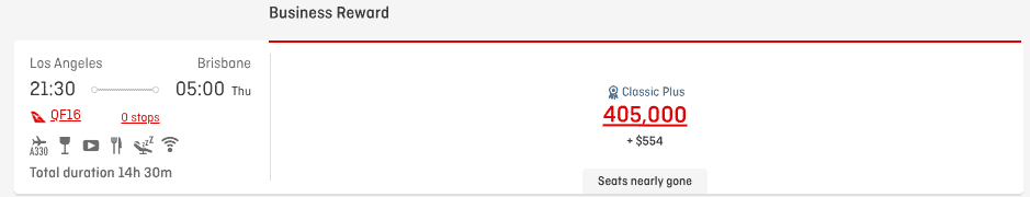 Qantas Business Reward flight from Los Angeles to Brisbane showing 405,000 points plus $554 in Classic Plus category