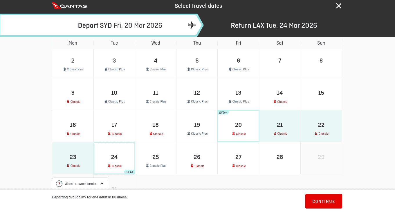Qantas business class reward seat calendar showing availability from Sydney to Los Angeles in March 2026