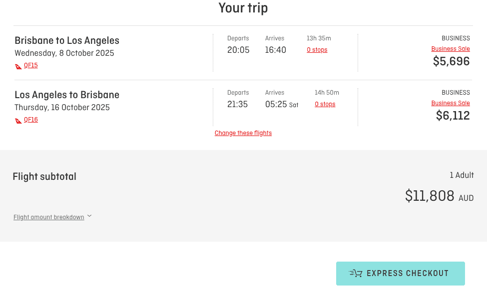Qantas Business Sale flight from Brisbane to Los Angeles and back in October 2025 for $11,808 AUD