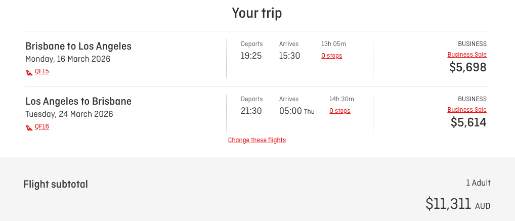 Qantas roundtrip Business Sale fare from Brisbane to Los Angeles and back for $11,311 AUD