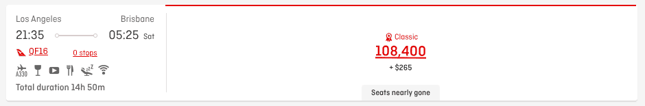 Qantas Classic Economy Reward flight from Los Angeles to Brisbane for 108,400 points plus $265