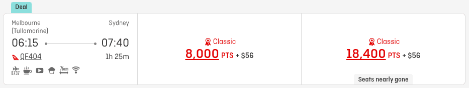 Qantas points redemption deal for flight from Melbourne to Sydney with Classic reward seats starting at 8,000 points plus $56
