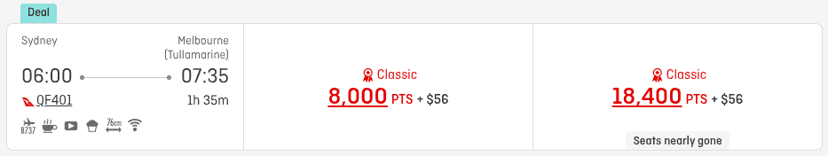Qantas reward flight from Sydney to Melbourne with Classic seats starting at 8,000 points plus $56