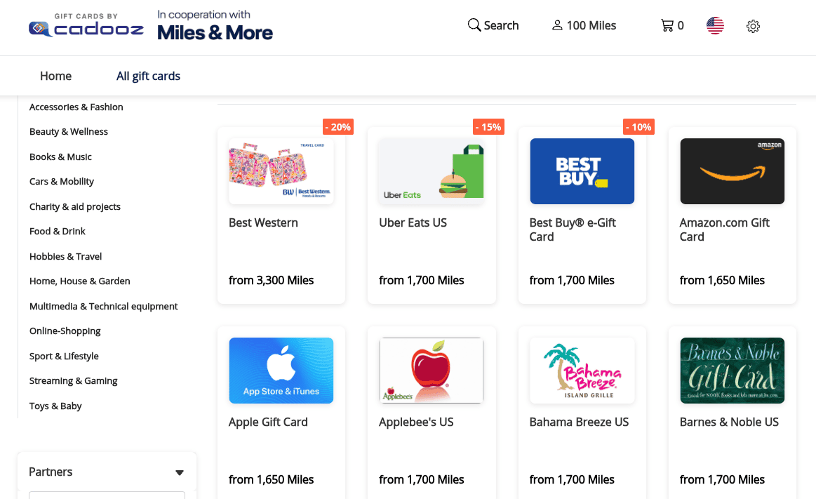 gift cards—including Best Western, Uber Eats, Amazon, and more—alongside the Miles & More frequent flyer program mile amounts required to redeem each card.