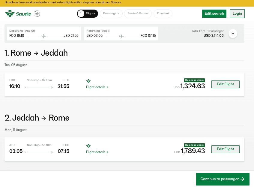 Rome to Jeddah round trip business class flight price comparison on Saudia Airlines