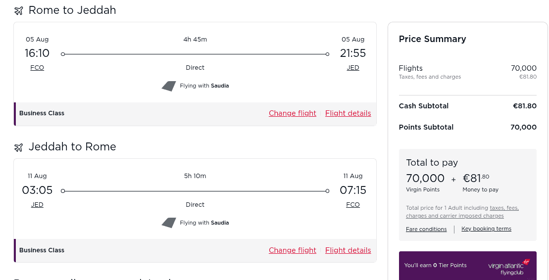 Virgin Atlantic booking screenshot showing Rome to Jeddah round-trip in Saudia Business Class for 70,000 Virgin Points plus €81.80 in fees.