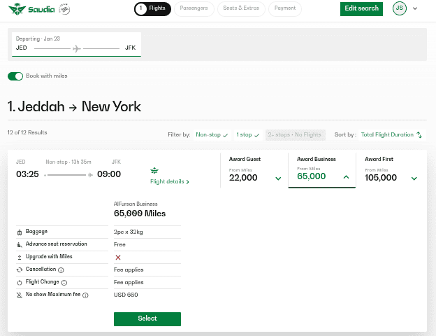 Saudia Airlines Business Class award flight from Jeddah to New York with 65,000 miles redemption