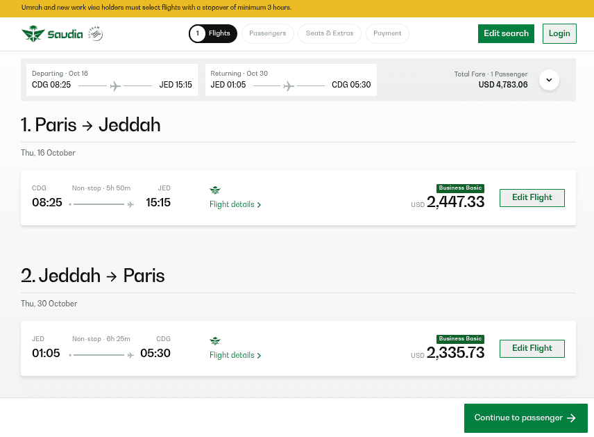 Saudia Airlines Paris to Jeddah round trip business class fare breakdown showing ticket price and flight details.
