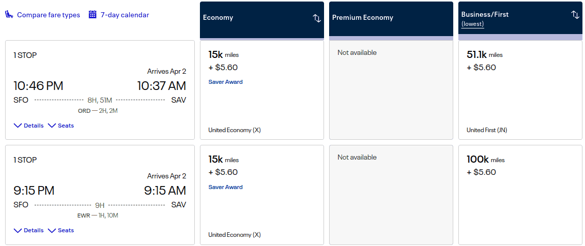 Flight options from SFO to SAV with one stop; Economy award available at 15k miles + $5.60, Premium Economy not available, Business/First available at 51.1k or 100k miles + $5.60.
