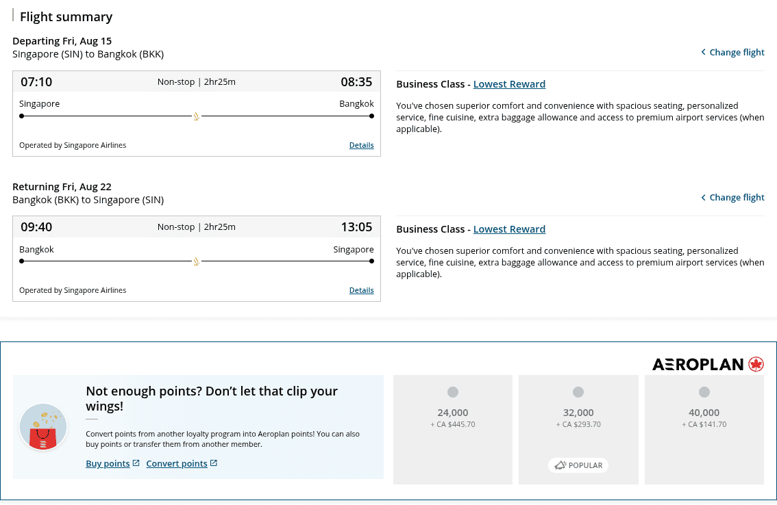 Aeroplan business class award flight from Singapore to Bangkok and return with multiple mileage options.