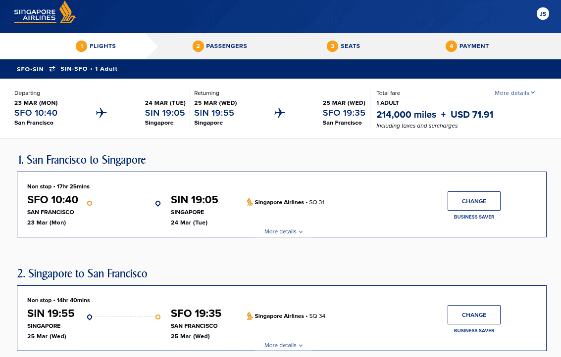 Singapore Airlines business class award booking from San Francisco to Singapore and back, costing 214,000 miles and $71.91 in taxes.