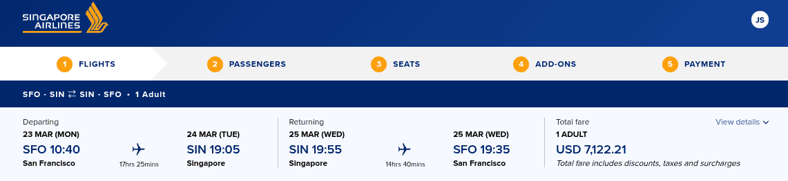 Singapore Airlines roundtrip flight from San Francisco to Singapore showing a total cash fare of USD 7,122.21 including taxes and surcharges.