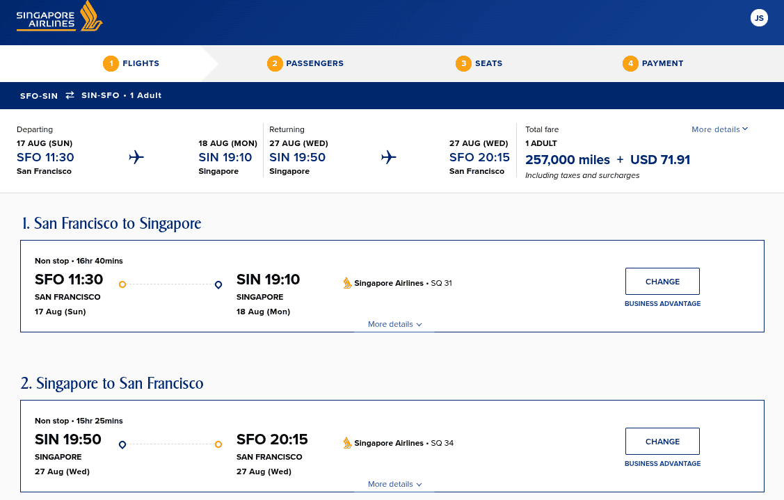 Singapore Airlines roundtrip business class award from San Francisco to Singapore in August for 257,000 miles plus USD 71.91.