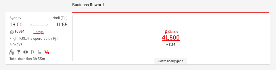Fiji Airways business class award flight from Sydney to Nadi for 41,500 points plus $114, showing departure time of 6:00 AM and duration of 3 hours 55 minutes.