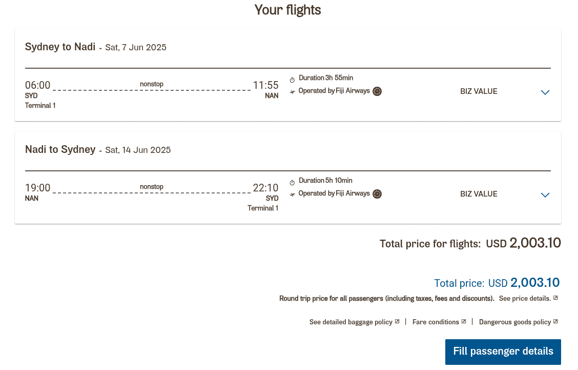 Fiji Airways round-trip business class fare from Sydney to Nadi, departing June 7 and returning June 14, 2025, priced at USD 2,003.10.
