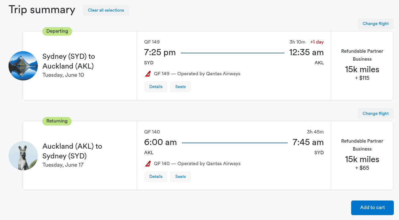 Qantas business class round-trip from Sydney to Auckland for 15k miles each way plus taxes, with flight times and dates shown.