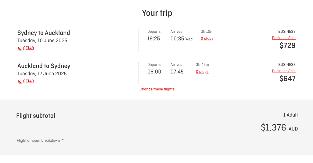 Qantas business class round-trip from Sydney to Auckland in June 2025, priced at $1,376 AUD total with nonstop flights on QF149 and QF140.