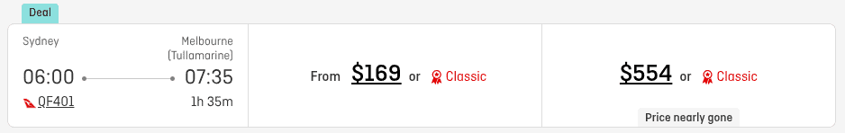 Qantas flight from Sydney to Melbourne showing fare options starting at $169 or $554 for Classic reward.