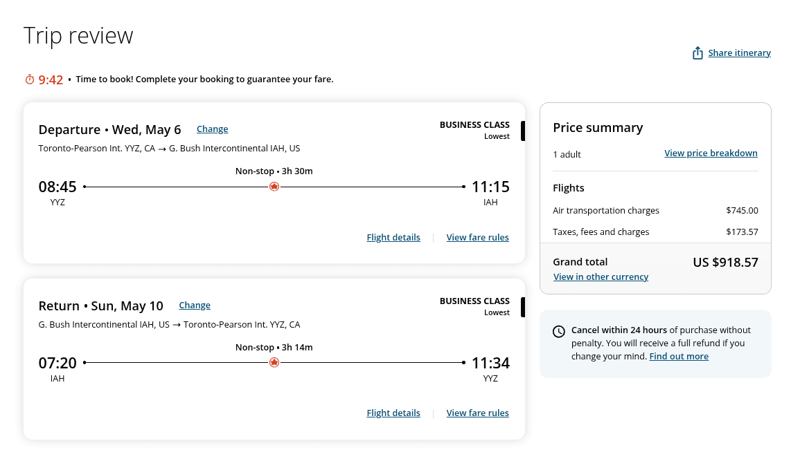 Business class nonstop flight itinerary from Toronto Pearson (YYZ) to Houston (IAH) with return trip fare summary.