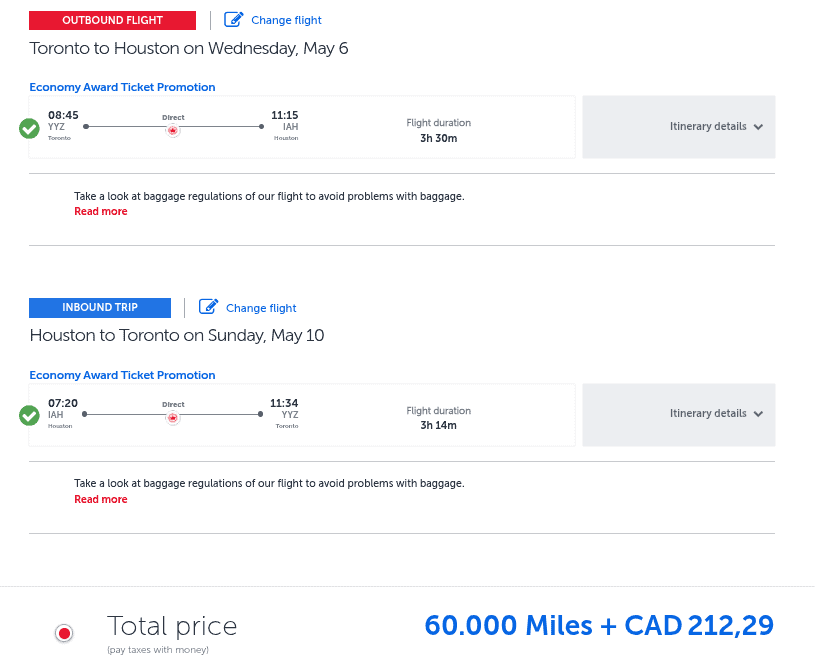 Airline award booking showing Toronto to Houston roundtrip in May with 60,000 miles plus CAD 212 taxes