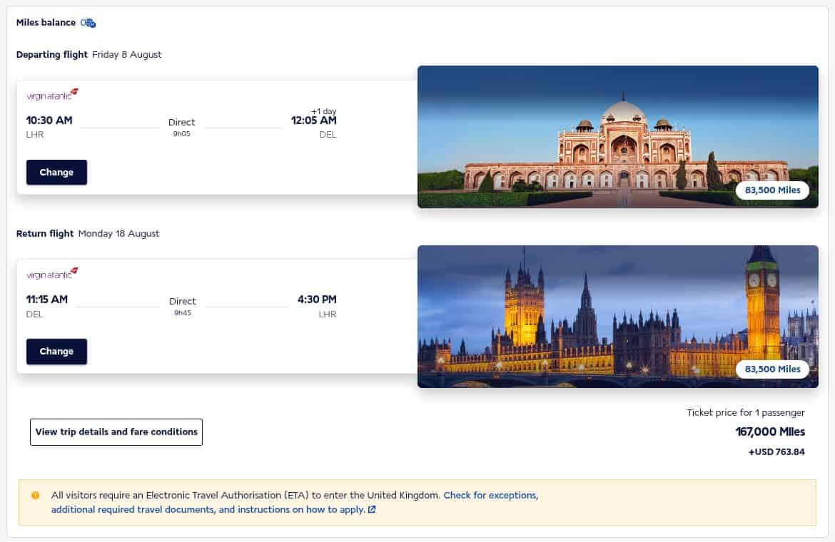 Virgin Atlantic business class reward flight from London to Delhi showing round-trip booking for 167,000 miles plus taxes.