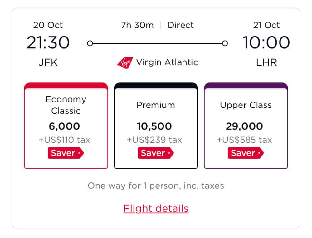Booking Virgin Atlantic from New York John F. Kennedy International Airport (JFK) to London Heathrow Airport (LHR).